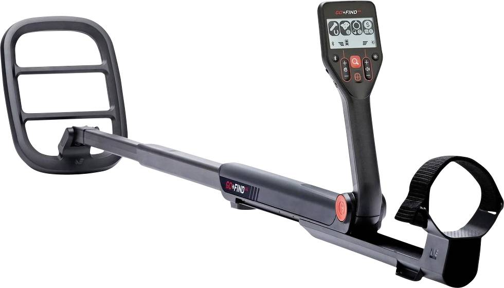 A black metal detector with a digital display and adjustable shaft, used for locating hidden metal objects underground.