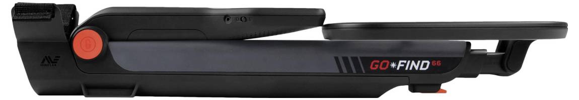 A folded metal detector with the label 'GO-FIND' displayed on the side, featuring a streamlined black and red design.