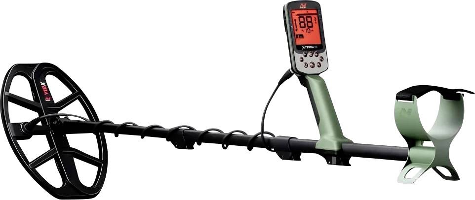 A metal detector with a digital display, black coil, and green handle, used for locating metal objects underground.