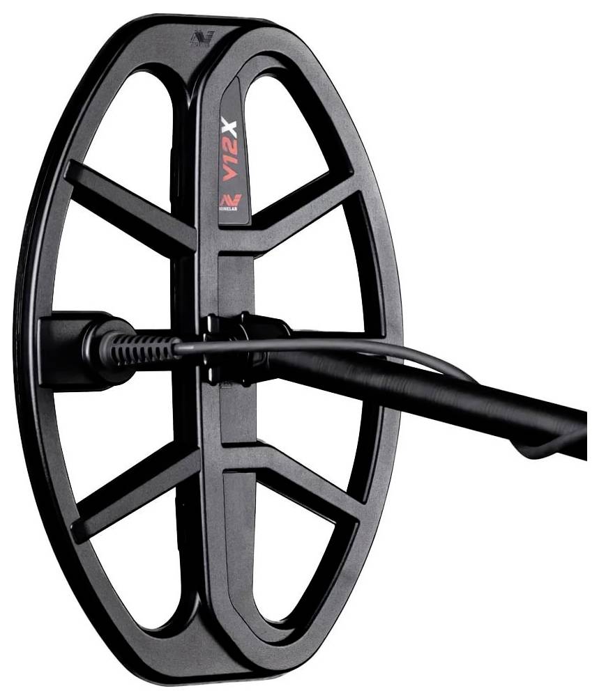 A close-up of a black elliptical metal detector coil labeled '12X', attached to a straight handle, showcasing its sleek design and sturdy build.