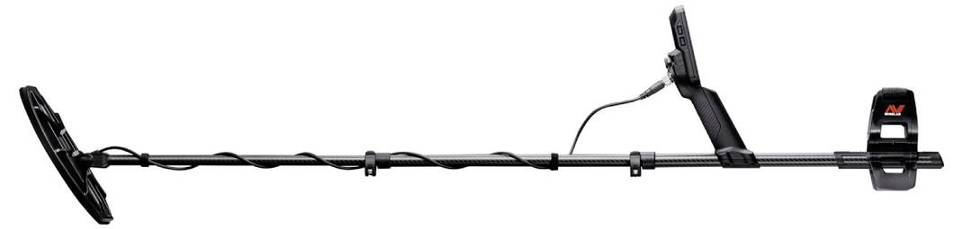 A handheld metal detector with a long adjustable shaft, search coil at the bottom, and control box with display screen on top.