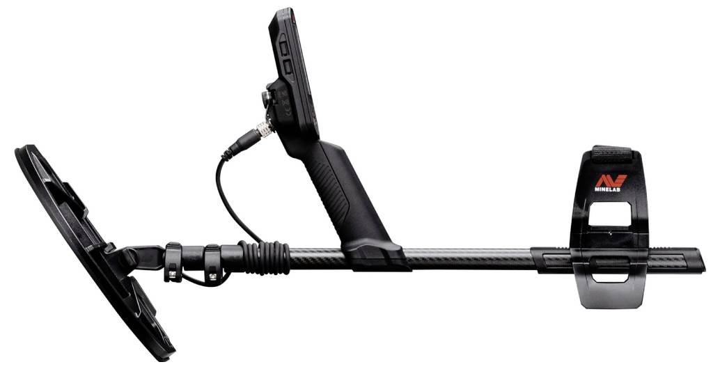 A metal detector with a black handle and adjustable shaft, featuring a round coil and control unit attached above the handle.