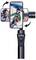 A smartphone stabilized on a gimbal shows images of outdoor activities: cycling and snowboarding. Arrows indicate rotation capability.