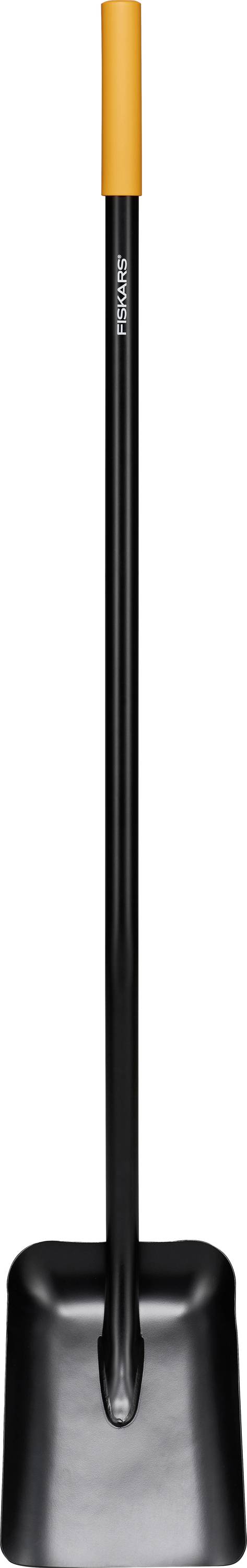 A long-handled, black shovel with a wide, flat blade and an orange grip at the top, designed for heavy-duty digging tasks.