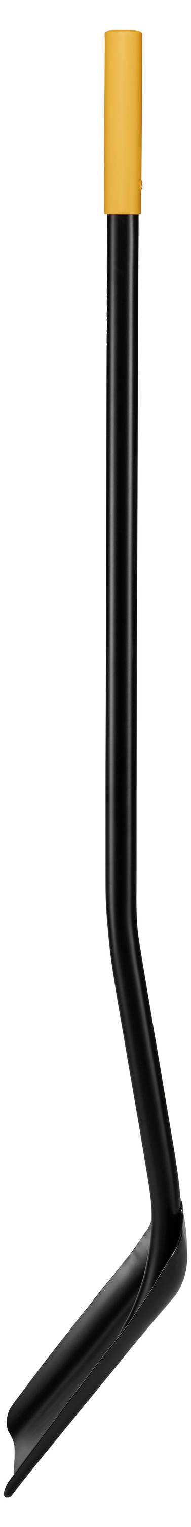 A long, black, L-shaped crowbar with an orange grip at the top, designed for prying or leveraging tasks.