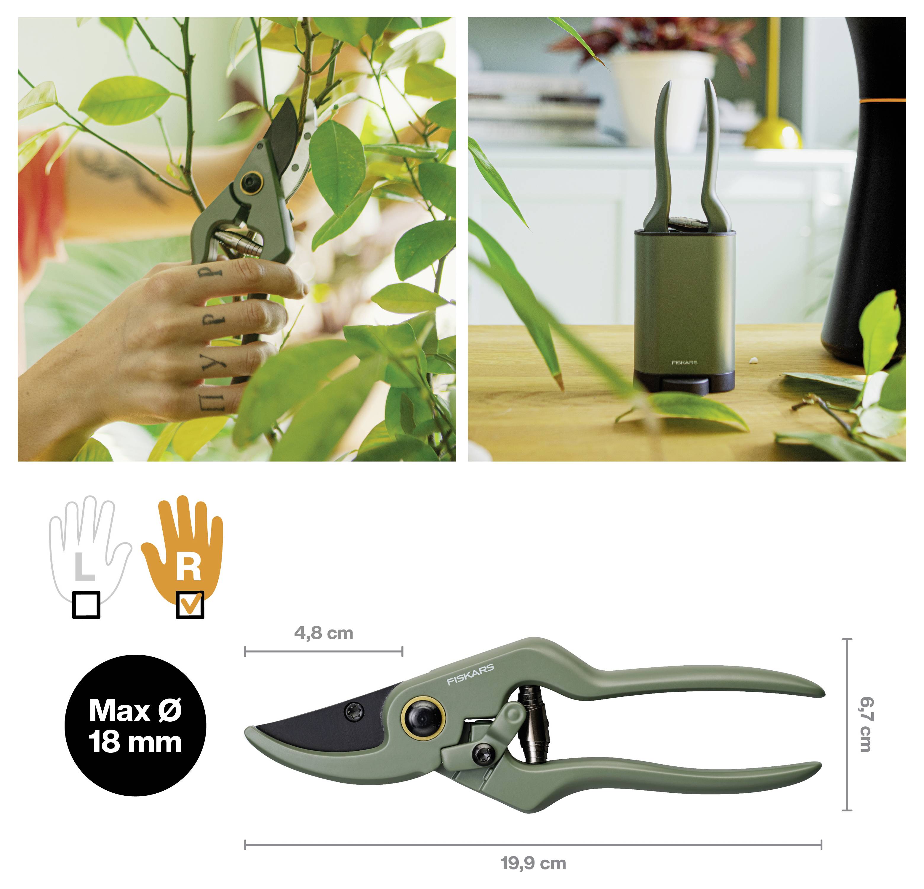 A pair of green garden pruners cutting a branch. Diagram shows pruners' dimensions: 6.7 cm width, 19.9 cm length. Max cutting diameter 18 mm.