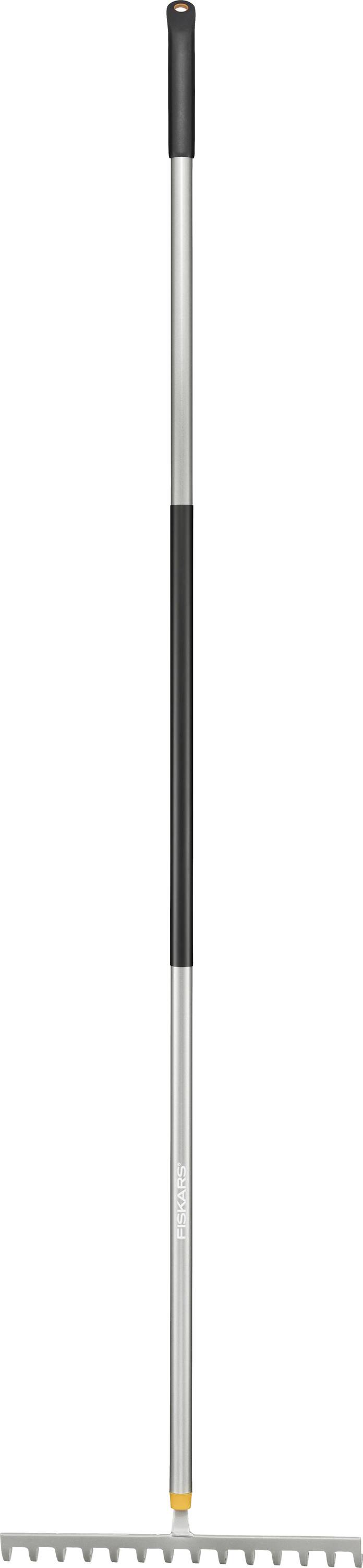 Garden rake with a long metal handle and black grip, featuring a row of metal tines at the bottom for leveling soil or gathering leaves.