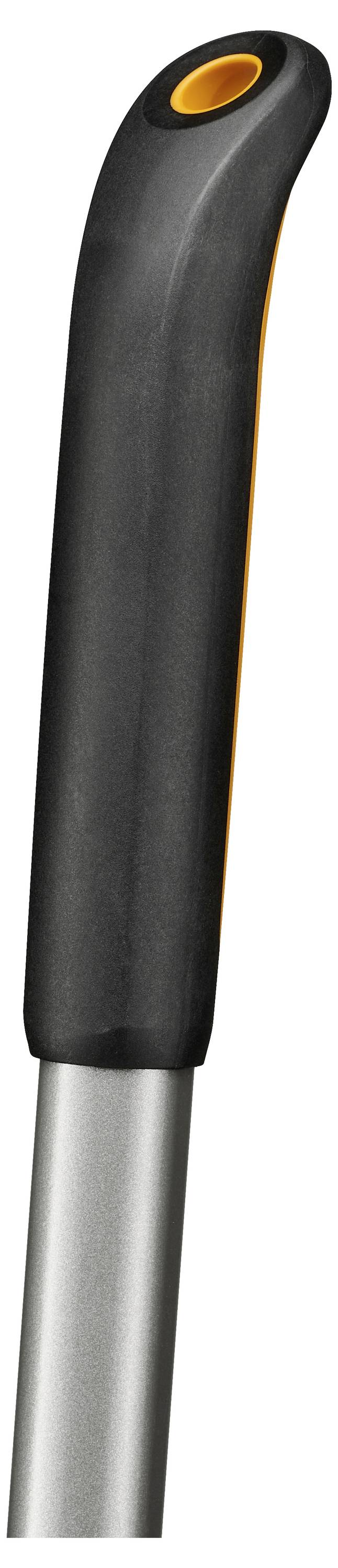 A black ergonomic shovel handle with an orange circular accent, attached to a metallic pole.
