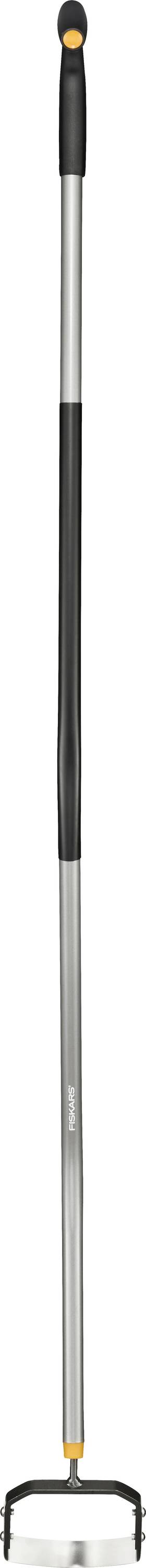 A long-handled garden tool with a circular blade at the base, used for cutting grass or weeds. The handle is black and metallic.