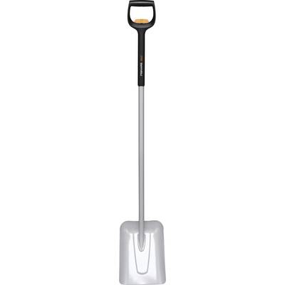 A long-handled, gray snow shovel with an ergonomic black handle and a wide white blade designed for efficient snow removal.