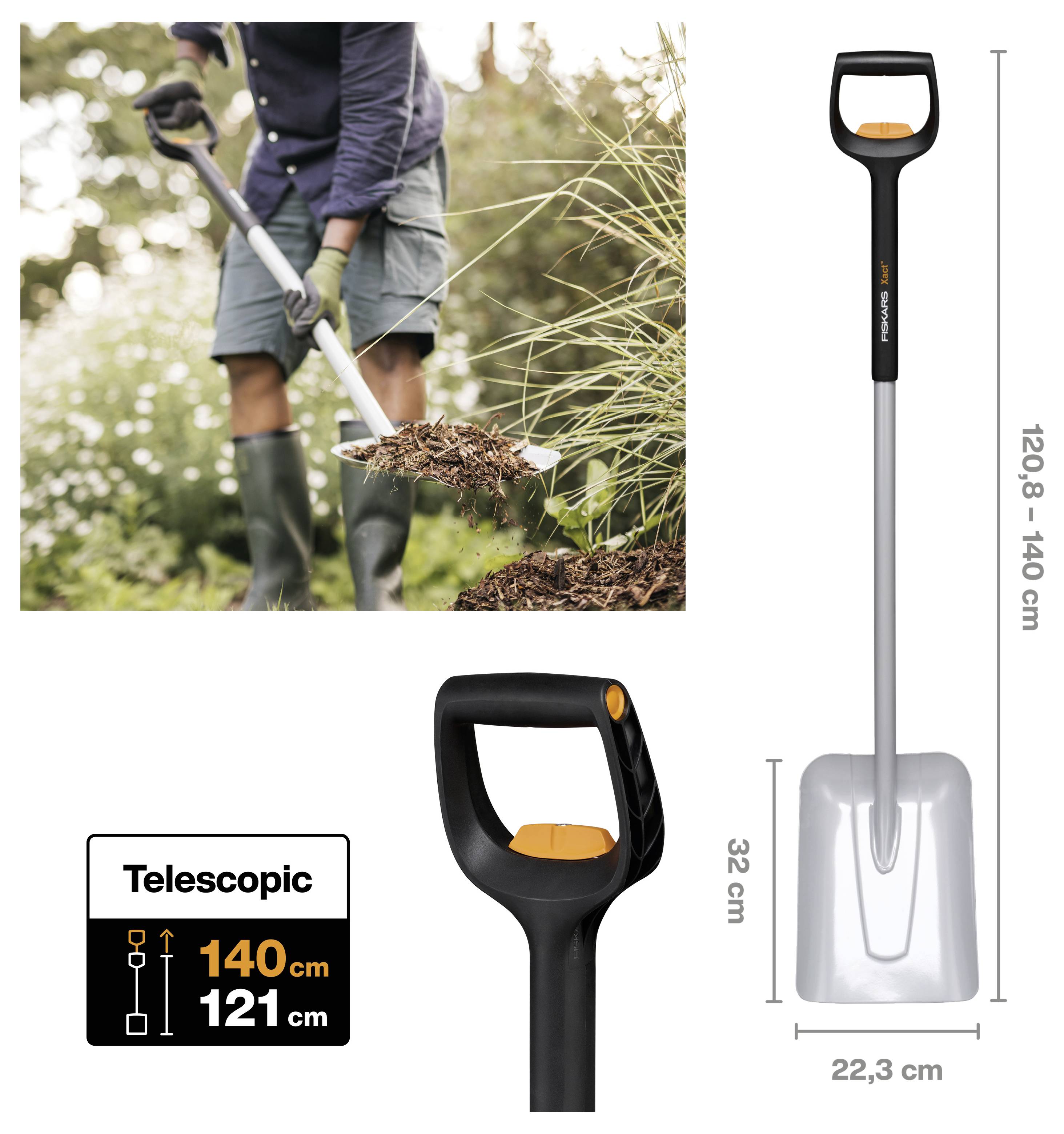 A person shovels mulch in a garden using a telescopic shovel. The shovel has a 140 cm maximum length, adjustable handle, and wide blade.