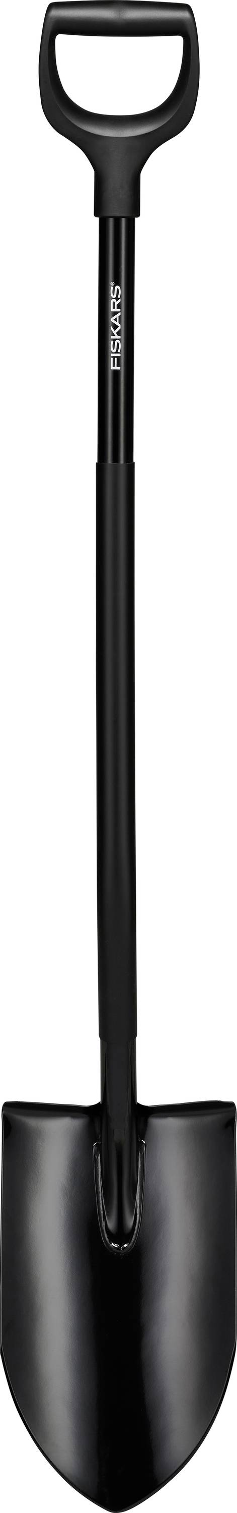 A black metal shovel with a D-shaped handle, designed for digging.