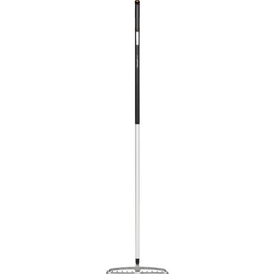 A long-handled rake with a metal head and black grip, designed for gardening tasks like leveling soil and spreading materials.
