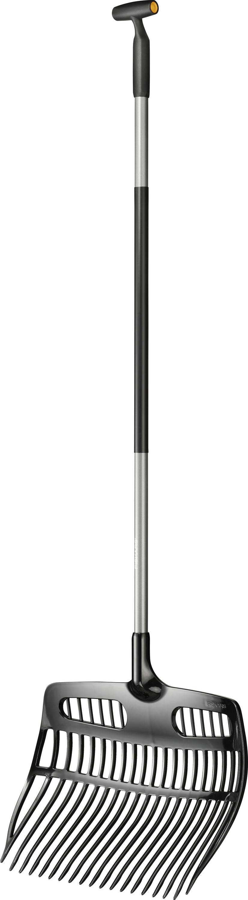 A black and silver garden rake with a T-shaped handle and wide, curved tines, designed for gathering leaves and debris.