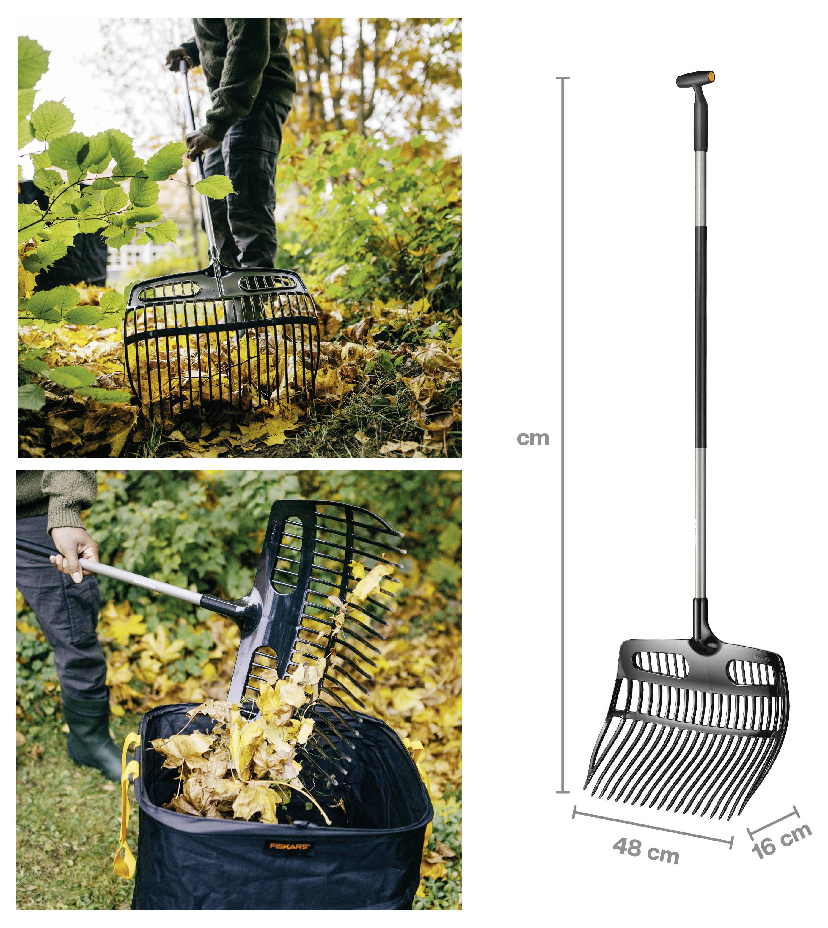 A person using a large rake to collect autumn leaves into a bag. A separate image displays the rake's dimensions: 48 cm wide and 16 cm long.