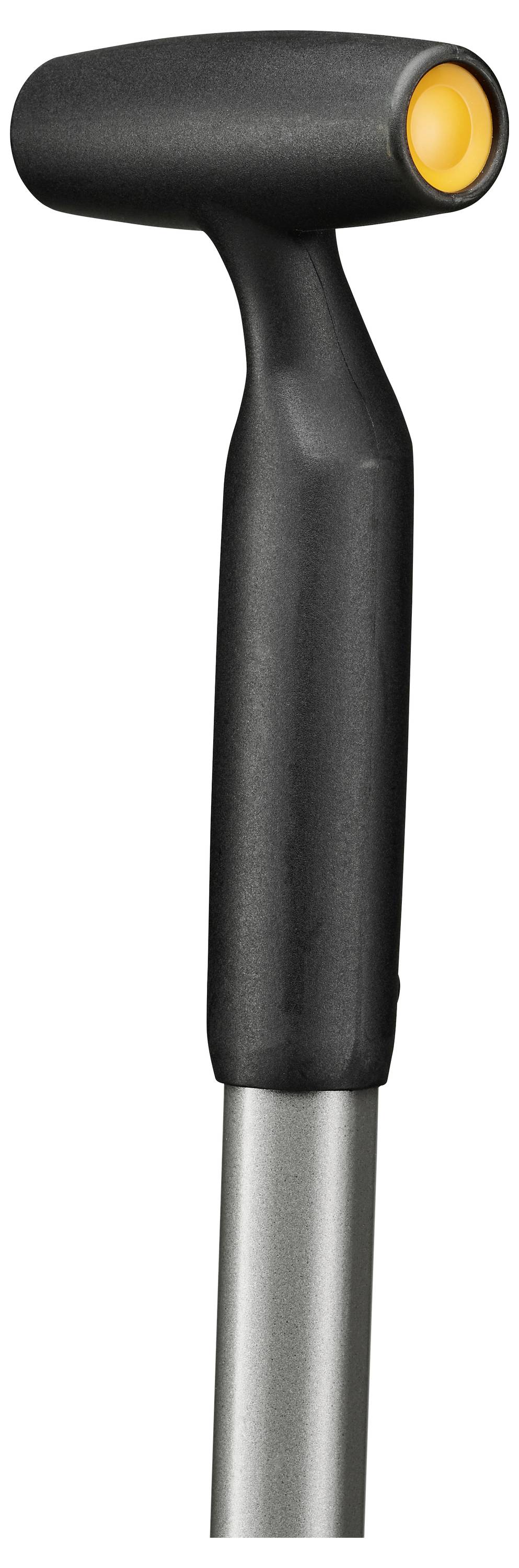 A sleek, modern black and silver cane with an ergonomic, T-shaped handle and an orange end, designed for comfort and support.