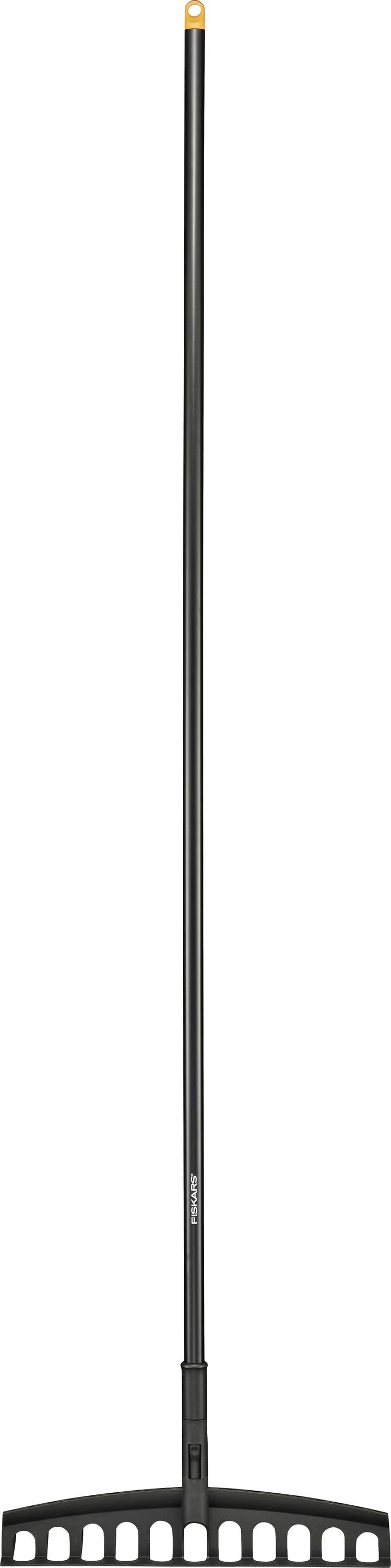 A long-handled garden rake with a wide, flat black head and multiple tines, used for leveling soil or moving leaves and debris.