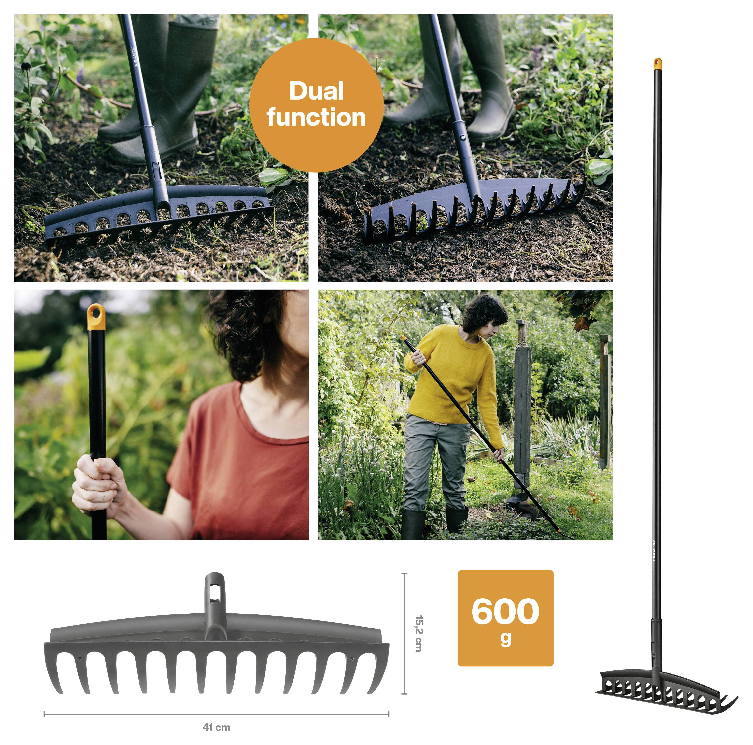 Image showcasing a dual-function garden rake. Features include detailed close-ups, a user in action, dimensions (41 cm wide, 125 cm tall), and weight (600 g).
