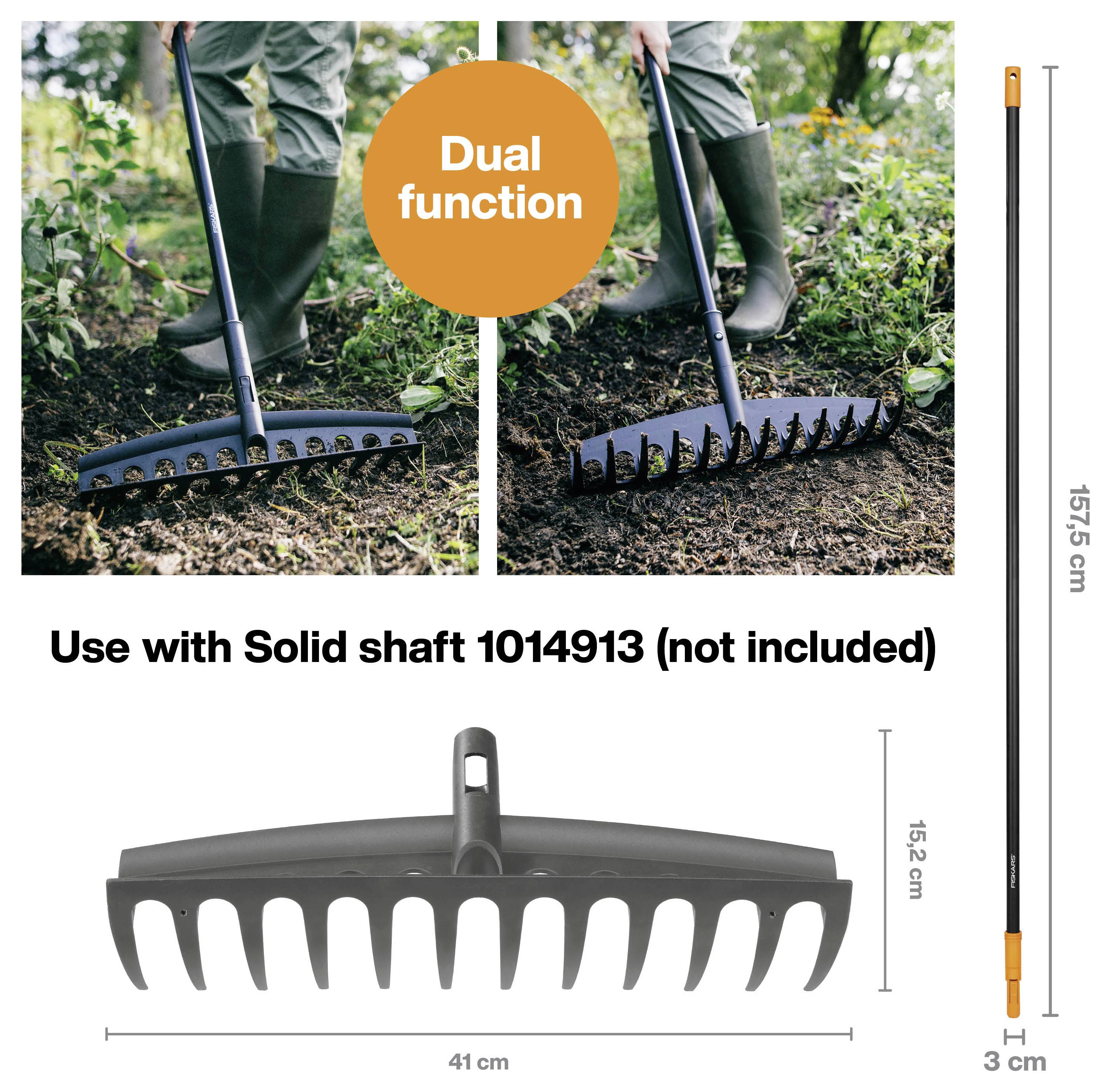 Rake with dual function feature depicted in two images. Includes dimension details: length 157.5 cm, width 41 cm, height 15.2 cm.