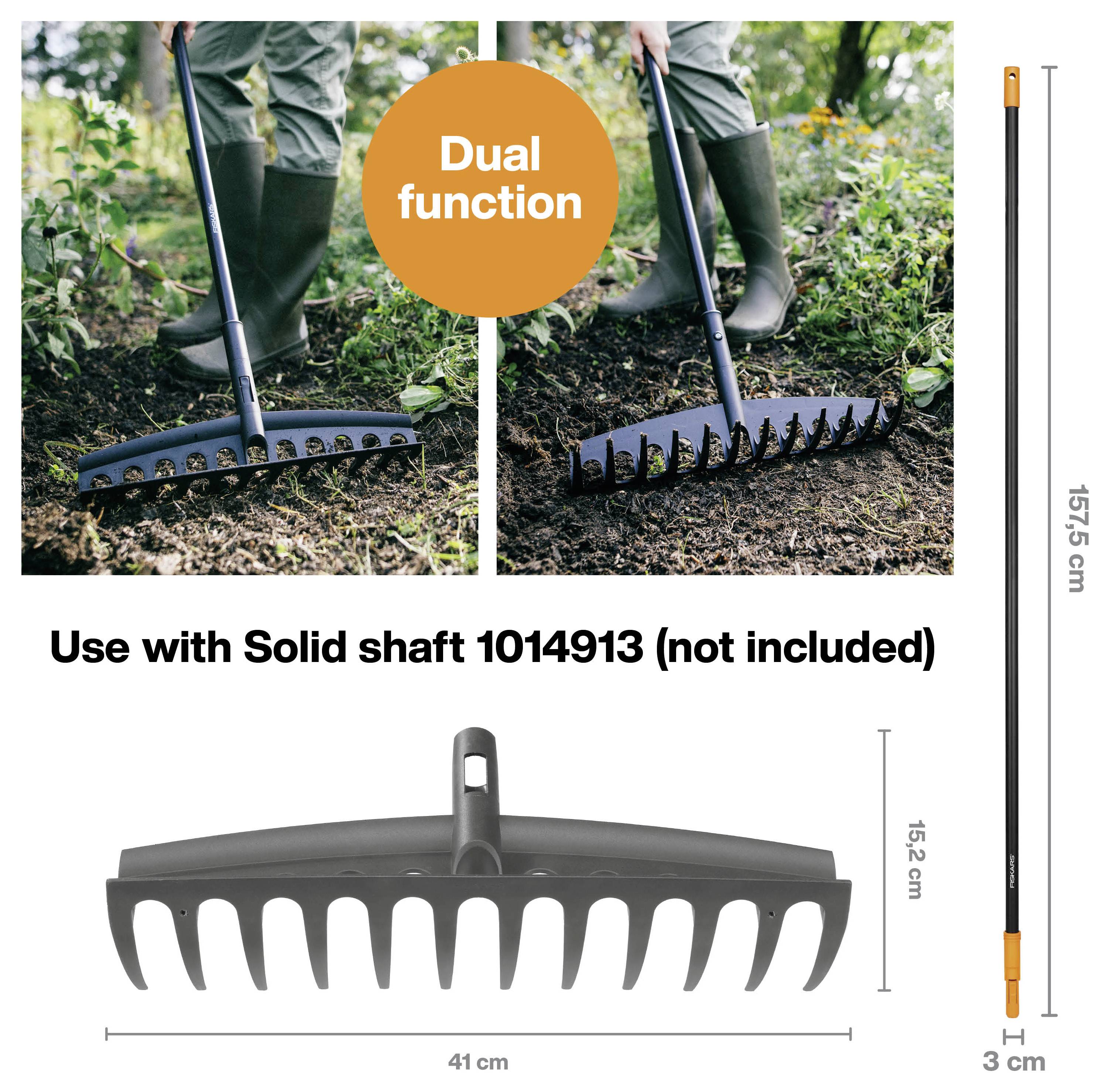 'Dual function rake with solid shaft 1014913, not included. Image shows rake being used for soil cultivation and leveling. Dimensions indicated.'