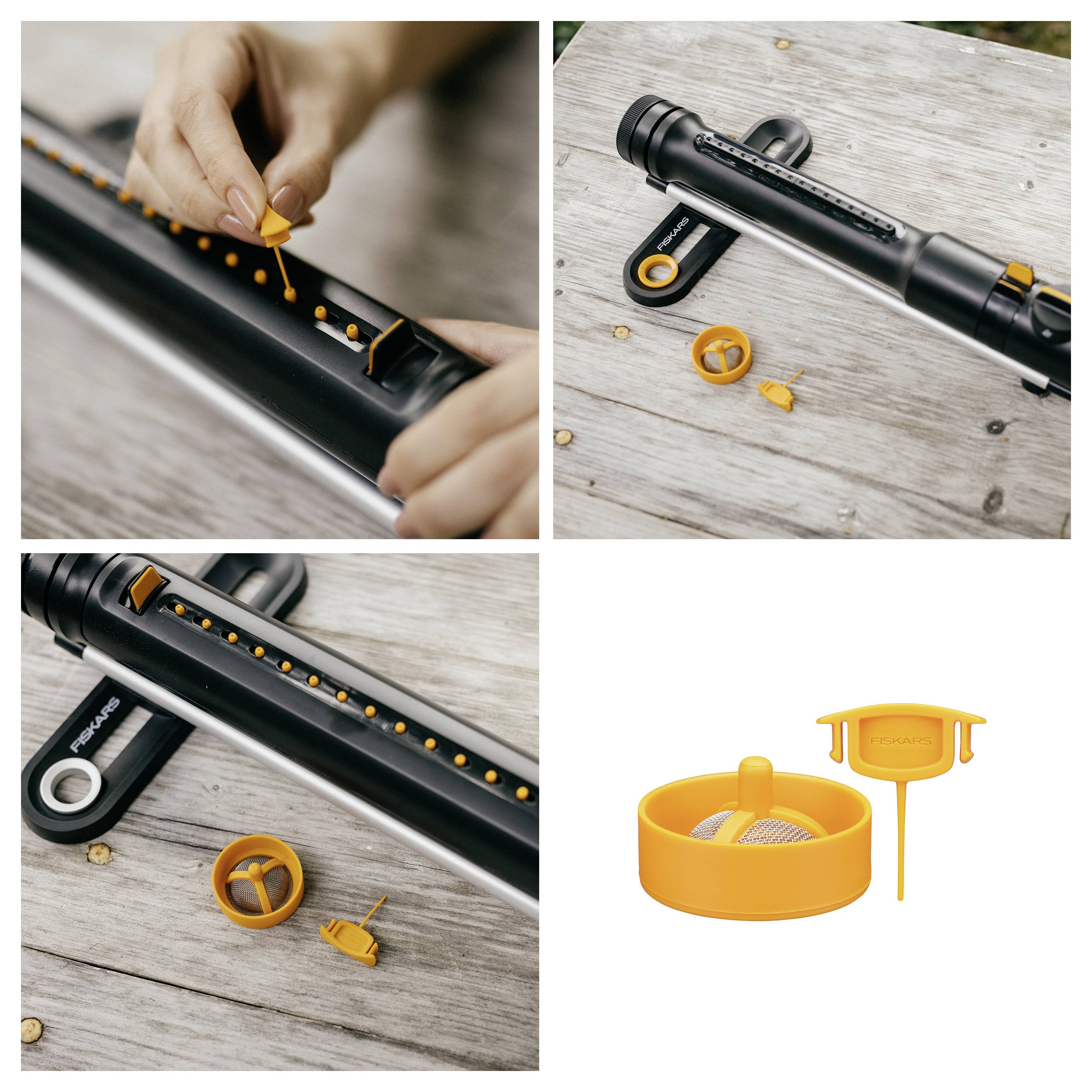A person places an orange seed in a plastic tube with holes (first image); close-up of tube components on wood surface (second, third images); removable orange filter and stand (fourth image).