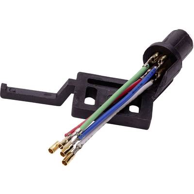 A close-up image of a connector with multiple colored wires extending from a black plastic housing, each ending in a gold terminal.