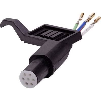 A black electronic connector with six small, colored wires extending from it, likely used for connecting or interfacing devices.