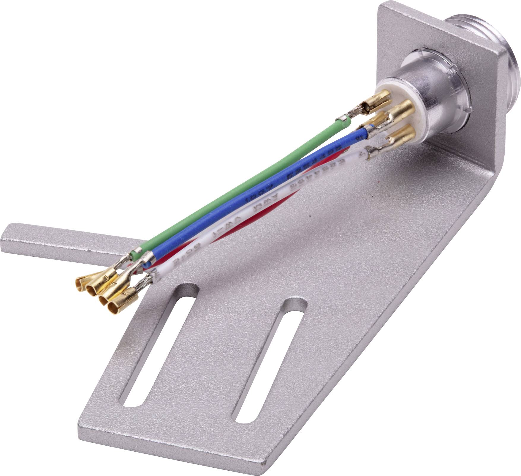 'Metal bracket with a connector and four colored wires (red, blue, green, white) extending from it.'