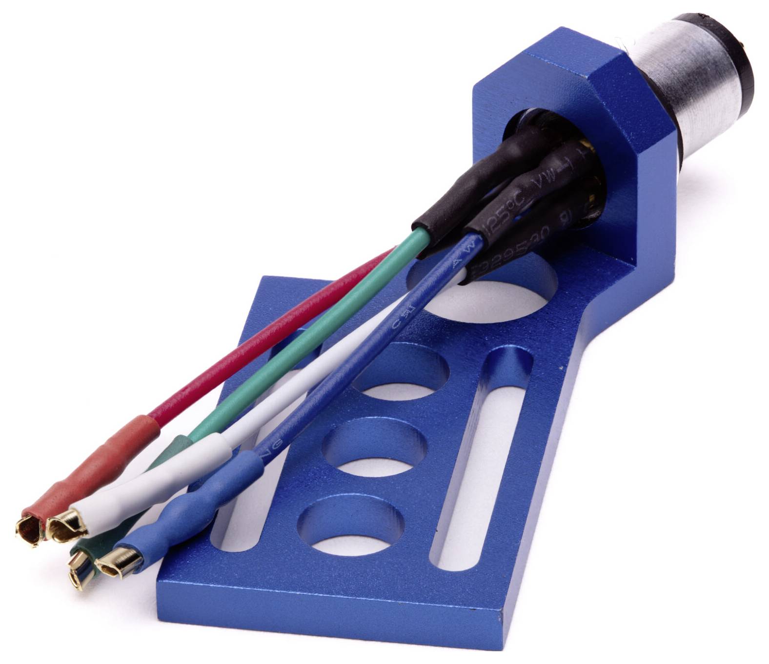A blue metal mounting bracket with multiple colored wires and connectors, used in electronic assemblies, positioned on a white background.