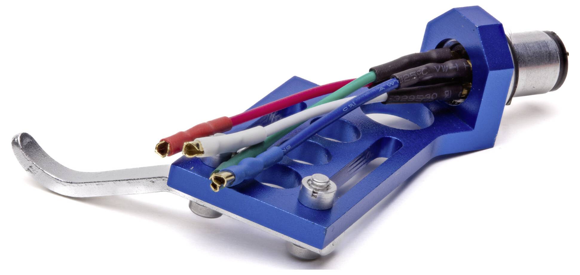 'A blue turntable headshell with four colored wires visible, designed for connecting a phono cartridge to a tonearm.'