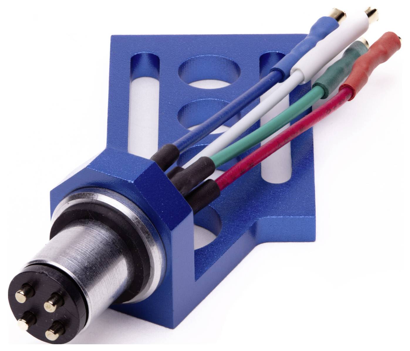 A blue tonearm mounting bracket with a connected phono cartridge, featuring four colored wires extending from the back.
