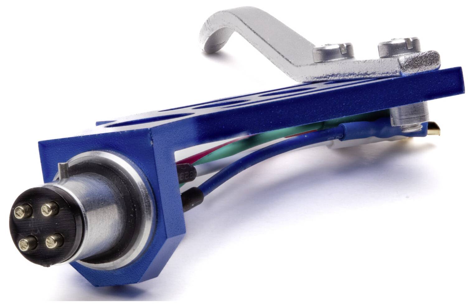 A blue and silver tonearm headshell with a four-pin connection and colored wires, designed for attaching to a turntable for audio playback.