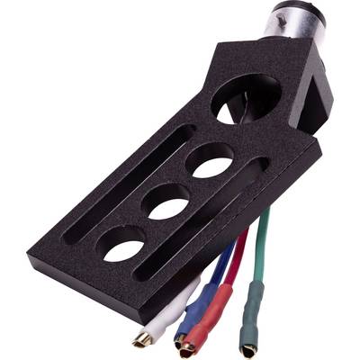 A black phono cartridge headshell with four circular cutouts and color-coded wire connectors: white, blue, red, and green.