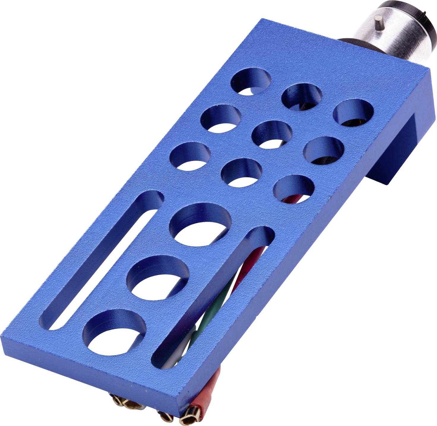 A blue turntable headshell with multiple circular holes, electrical connectors visible, used to hold a cartridge and stylus for record playing.
