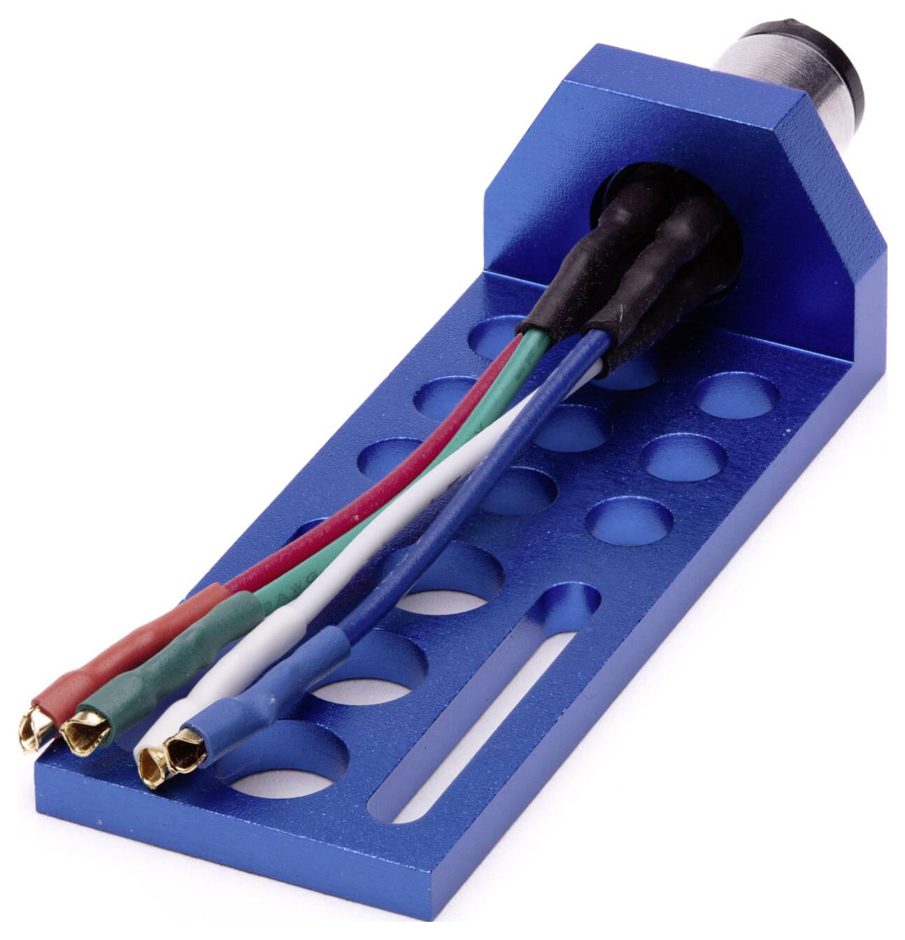 A blue metal tonearm headshell with four connected wires: red, green, blue, and white, for a turntable or audio equipment.
