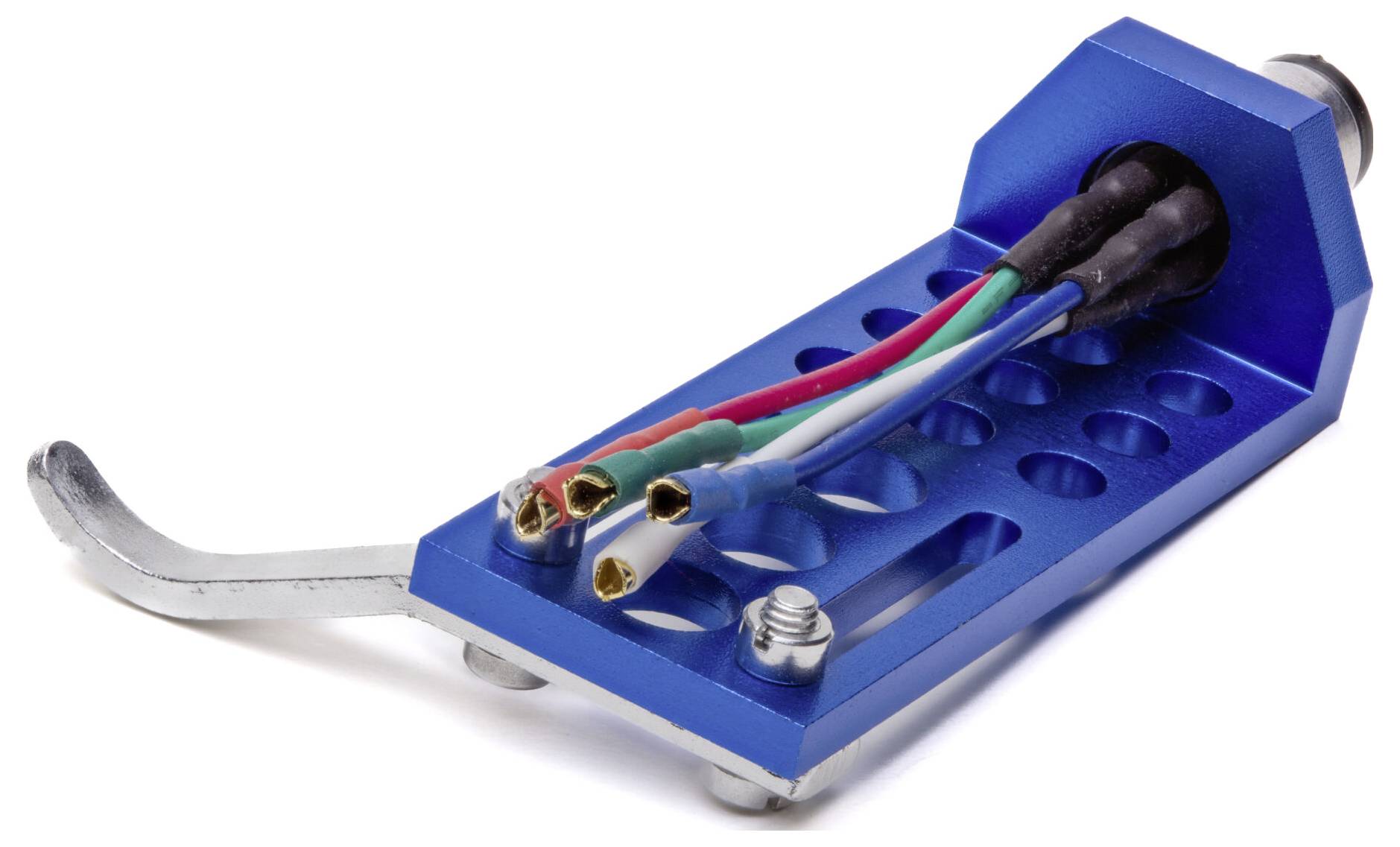 A blue electrical connector with exposed wires in red, green, and white, attached to a metal bracket.