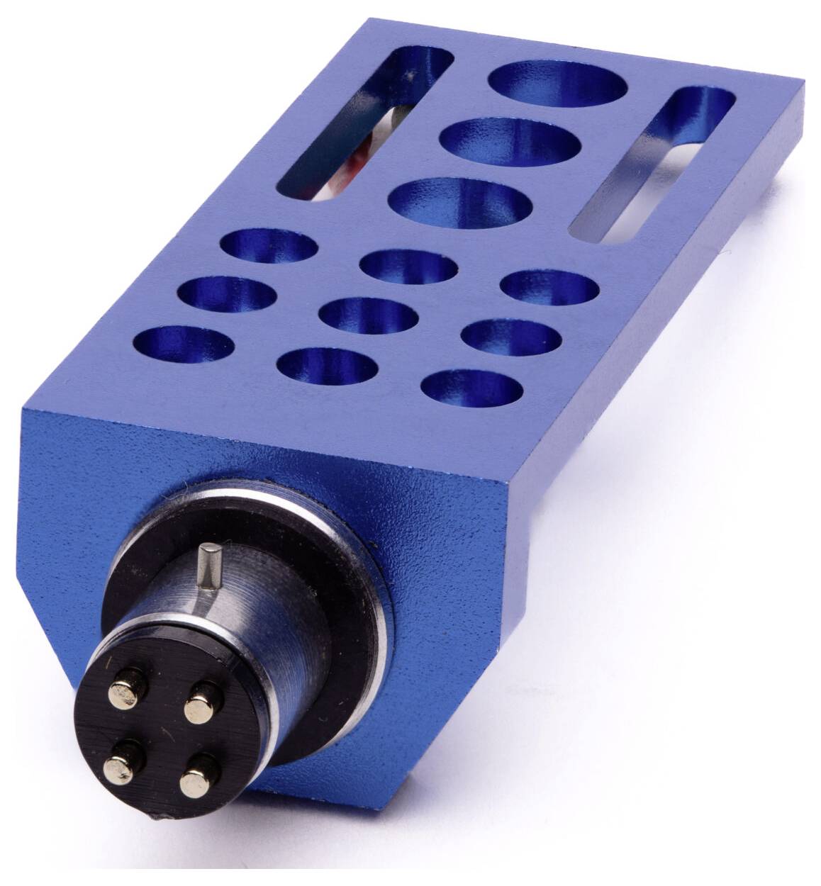 A blue, metallic connector with multiple round and rectangular slots, featuring a circular, multi-pin plug on one end.