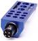 A blue, metallic connector with multiple round and rectangular slots, featuring a circular, multi-pin plug on one end.