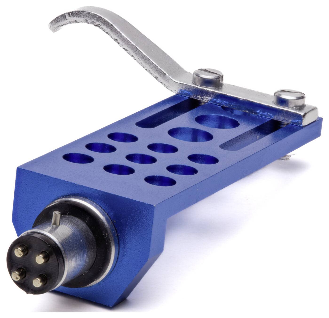 'A stylus head shell for a record player, made of blue metal, featuring circular cutouts and a silver mounting bracket with two screws.'
