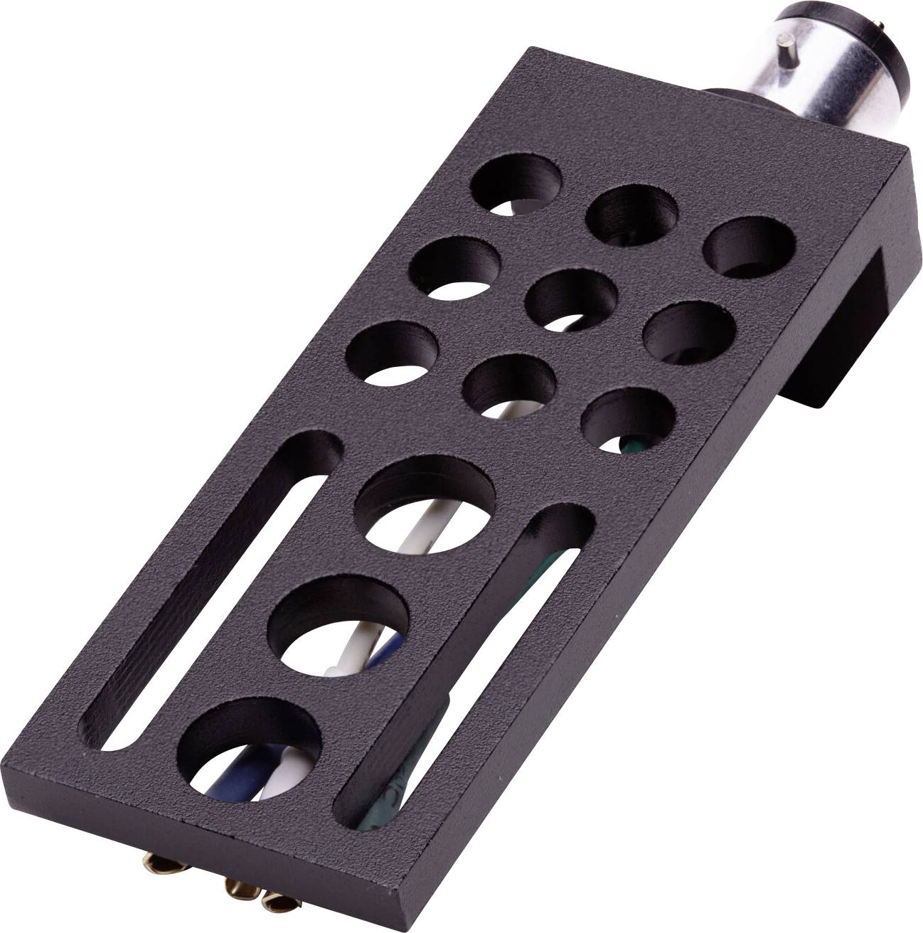 A black, rectangular headshell with multiple circular and rectangular cutouts, typically used for mounting a cartridge on a turntable tonearm.