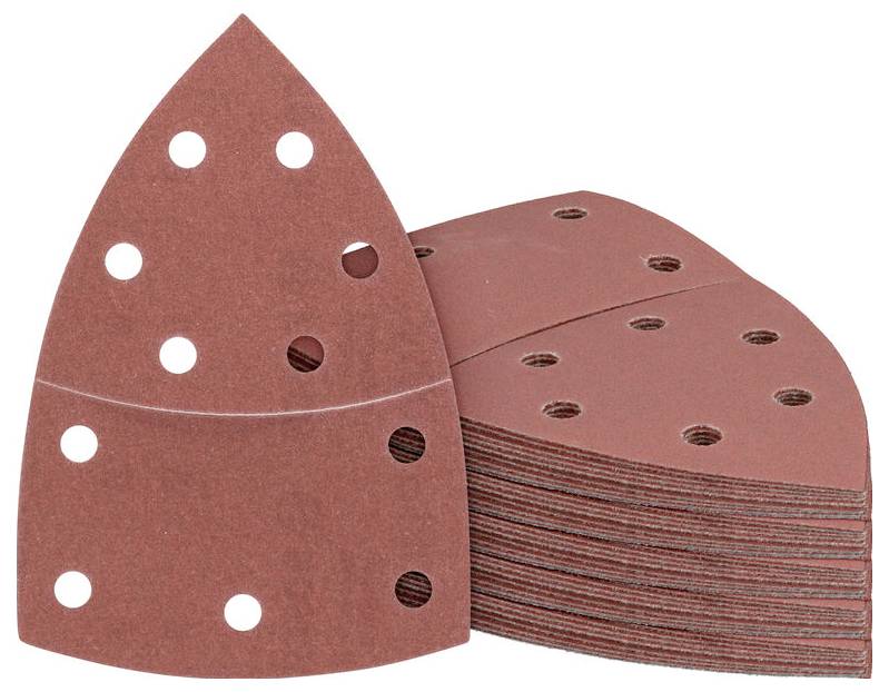 A stack of triangular red sandpaper sheets with holes, designed for use on multitool sanders, displayed on a white background.