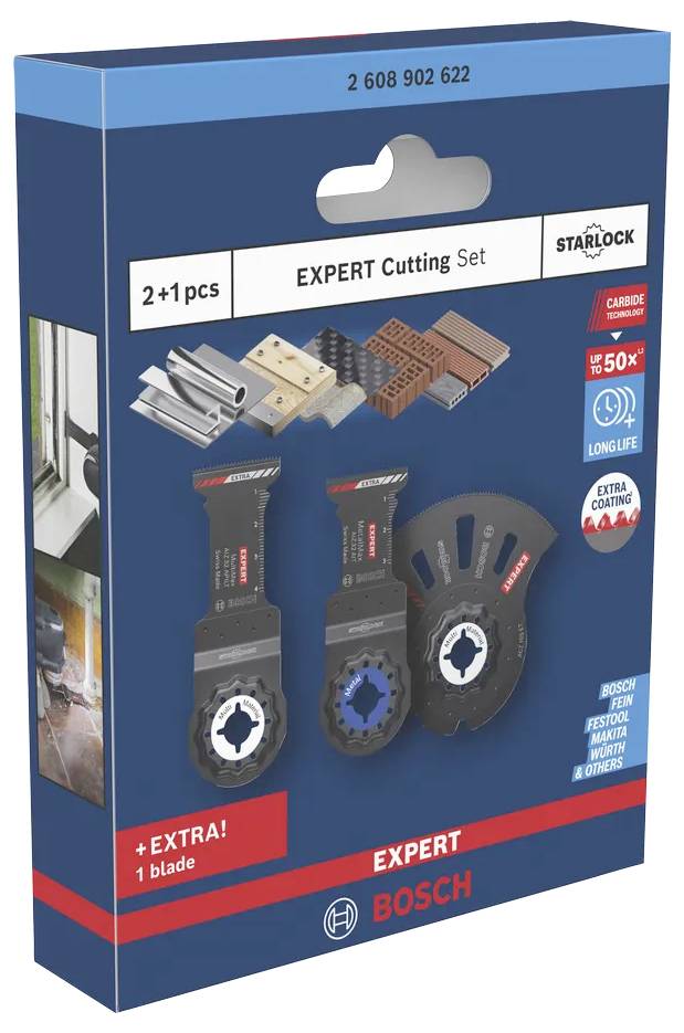 Bosch Expert Cutting Set package for a multitool, labeled '2+1 pcs' and 'EXPERT Cutting Set', showing three cutting blades and material icons.