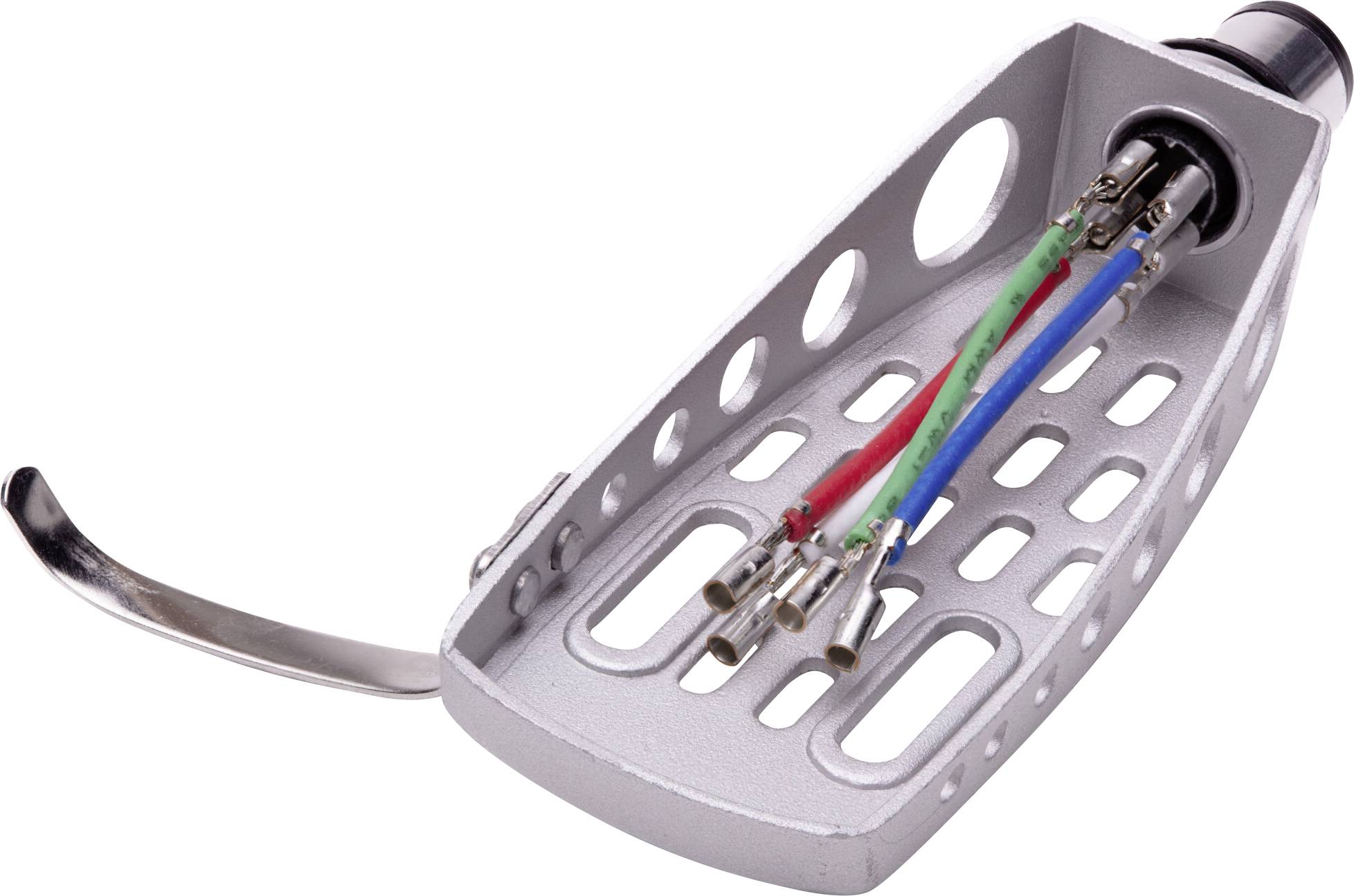 A silver-tone metal tonearm headshell with wiring is shown. It has spaces for cartridge installation and four colored wires: red, green, blue, and white.