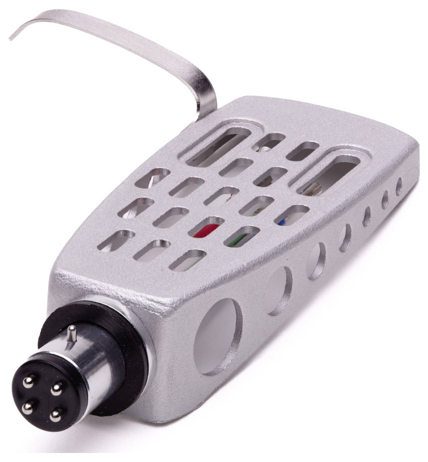 A silver turntable headshell with a visible SME style connector, housing slots, and mounting screw holes used for attaching a cartridge.