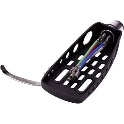 A black racing pedal assembly with three slots for connecting wires showing green, blue, and red cables attached to metal connectors.