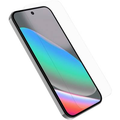 Smartphone angled to the left with a vibrant screen displaying blue, green, and red hues, covered by a clear screen protector.