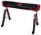 A foldable sawhorse with adjustable legs, black and red design, providing sturdy support with hinge locks for construction or DIY projects.