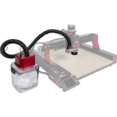 'A red and black CNC machine with a dust collector hose attached, shown on a white background, used for precision cutting tasks.'