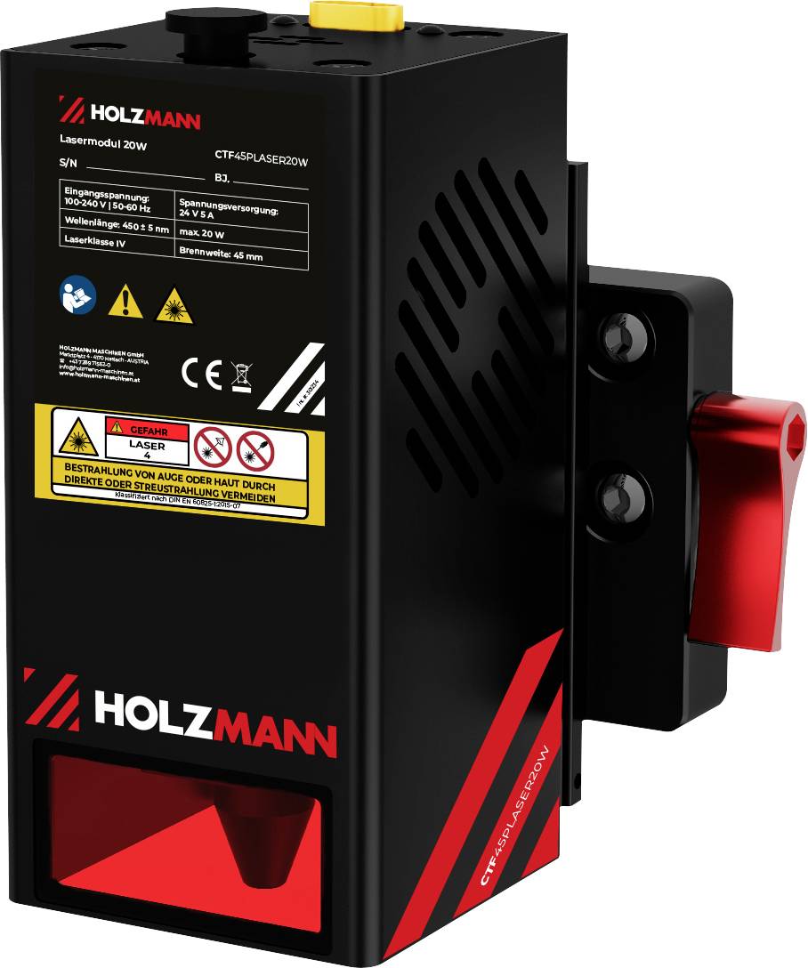 A red and black laser module labeled 'Holzmann' with specifications on the side, featuring caution symbols and a secure mounting bracket.