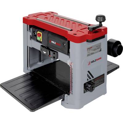 Holzmann benchtop thickness planer with red top, black feed tables, side dust port, and height adjustment wheel for woodworking<br>